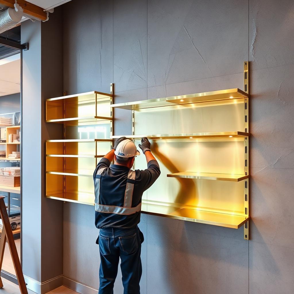 Finishes — brass shelving install